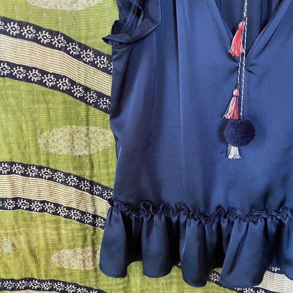 NWOT Misa Blue Fleur Pom Pom Sleeveless V-Neck Satin Blouse Size Extra Small - Picture 5 of 15